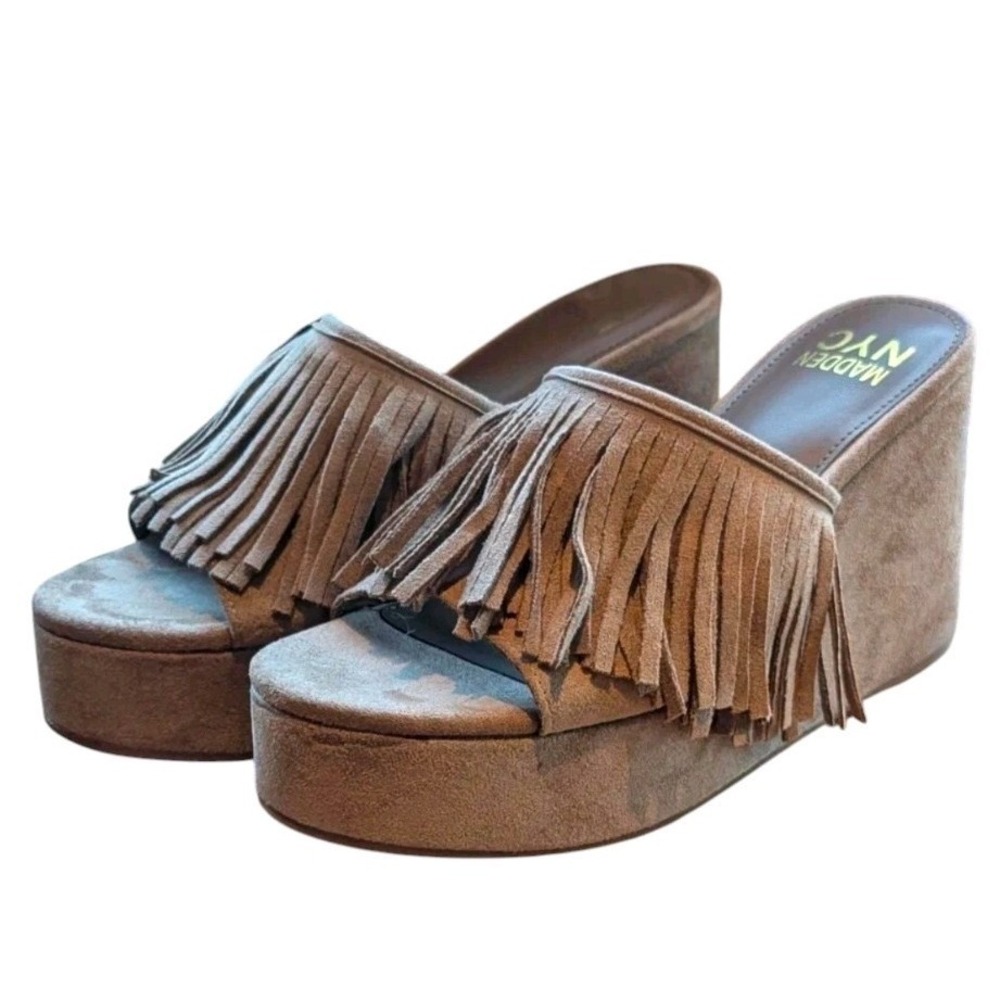 Boho Platform Fringe Wedge Mules Madden NYC Taupe Suede Look NEW Festival 6‎